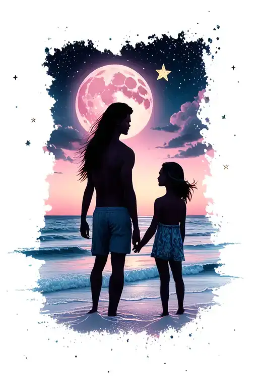 Pink Moon And Stars On A Beach At Night With Father And Daughter