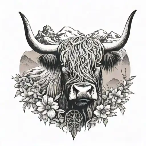 Highland Cow Face And Dream Catcher And Flowers In Front Of A Mountain Range