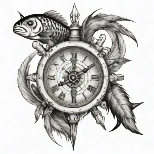 Ships Wheel With Clock Inside With Lighthouse Fish And Feather