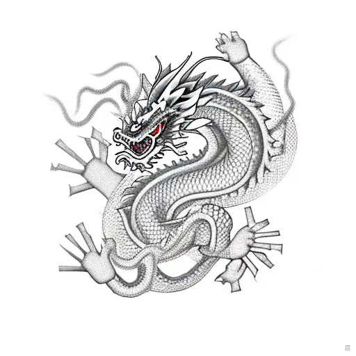 Chinese Dragon Realistic And Roses