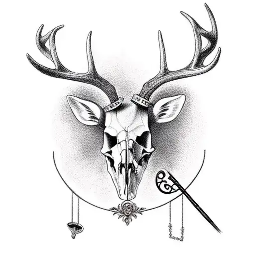 Deer Skull With A Lyre Between Its Antlers And Ivy Around It