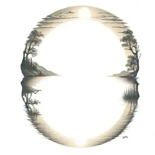 Lake Scene With Hills And Sun Setting