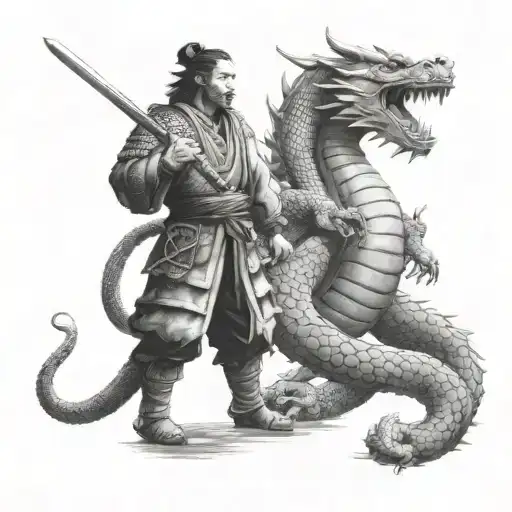 A Samurai Warrior Facing Off Against A Dragon In A Traditional Japanese Temple Garden