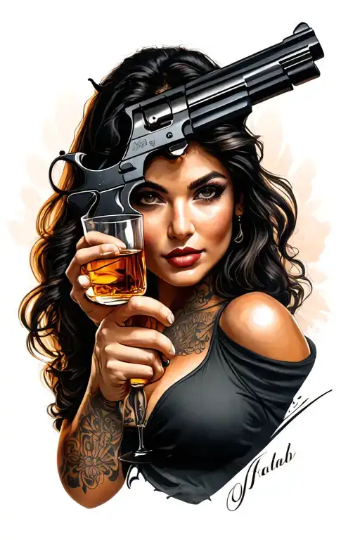 Lady With A Gun And Whiskey Glass