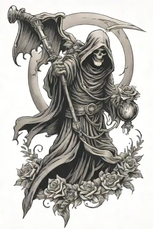 Grim Reaper Holding An Hour Glass And Sword With The Crescent Moon In The Background With Flowers