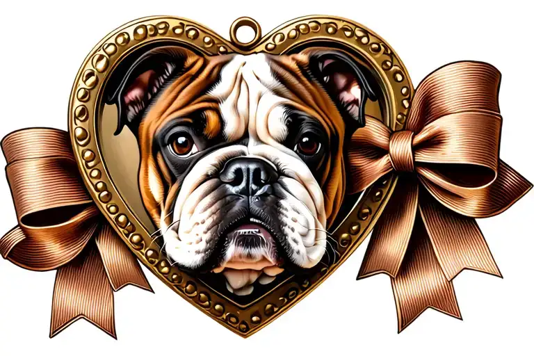 English Bulldog Portrait Inside Of A Heart Locket With A Bow