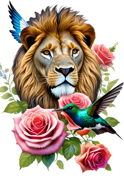 Lion Head And Humming Bird Flying 4 Roses Surrounded