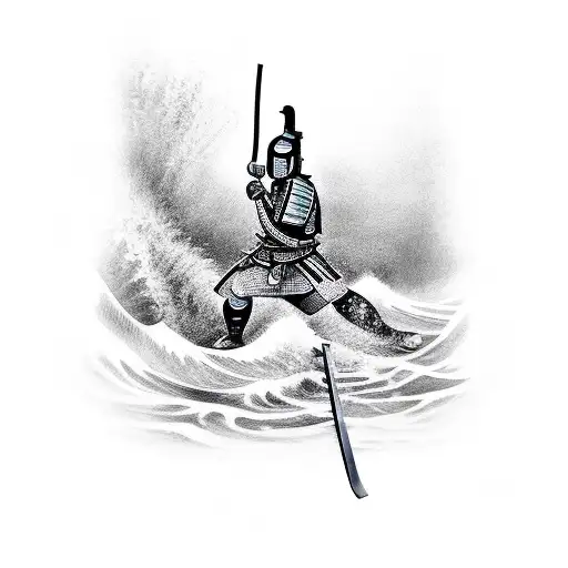 A Samurai Handing A Sword Inside Rhe Waves