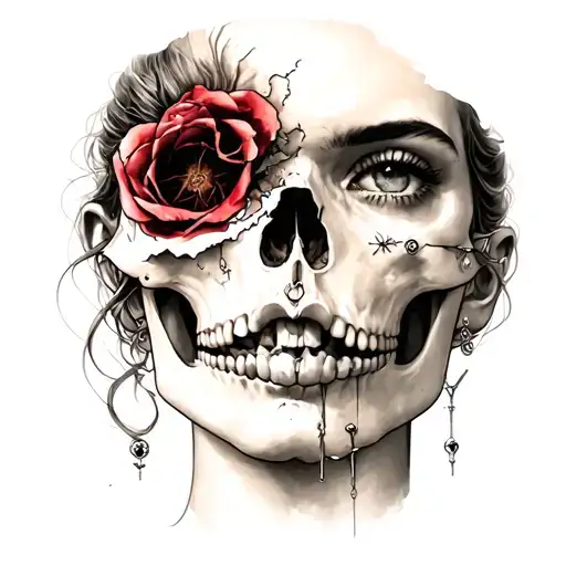Pretty Woman's Face With Piercing Of Which A Quarter Of The Face Is Torn Off And Reveals The Skull