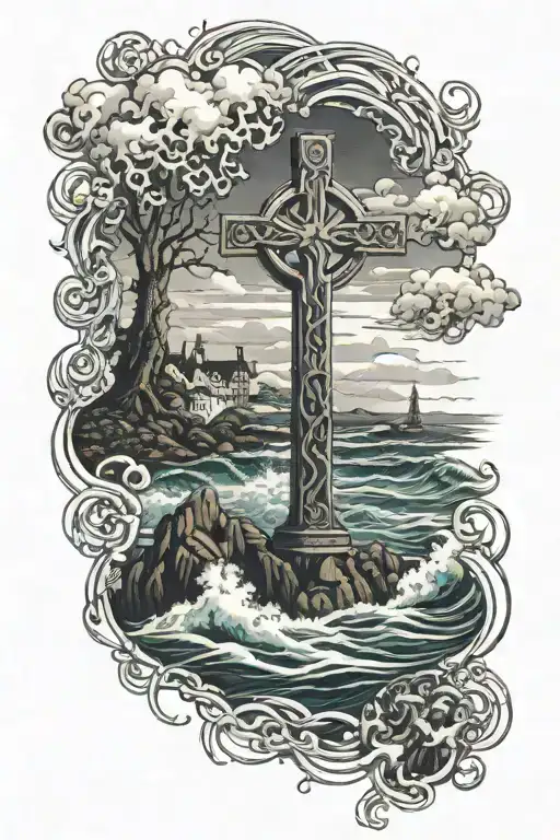 Raging Sea With Korrigans In Brittany With Ermine Triskel Celtic Cross