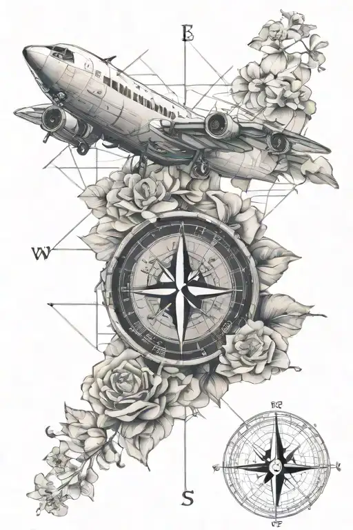 Plane Travel World Grid Lines Flowers Light Gray Compass