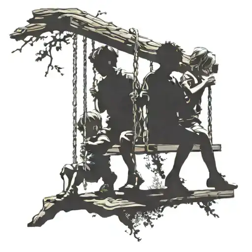 3 Silhouettes Of Children On A Swing Hanging