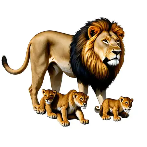 Male Lion With 3 Cubs