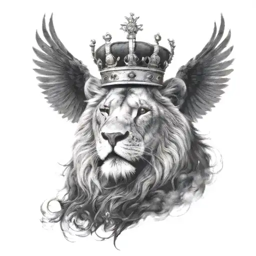 A Black Lion With A Silver Crown And A Crow Made Of Black Smoke Flying Above Him