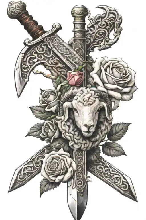 Medieval Sword With One Rose Intertwined And A Baby Sheep In Background