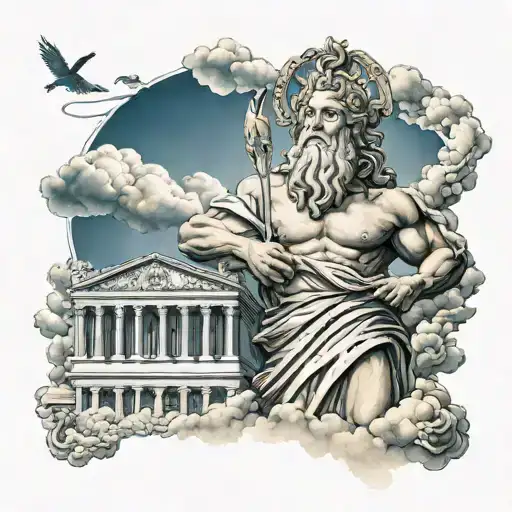 Zeus With Cloud Background And Rays With Gu Brath Temples