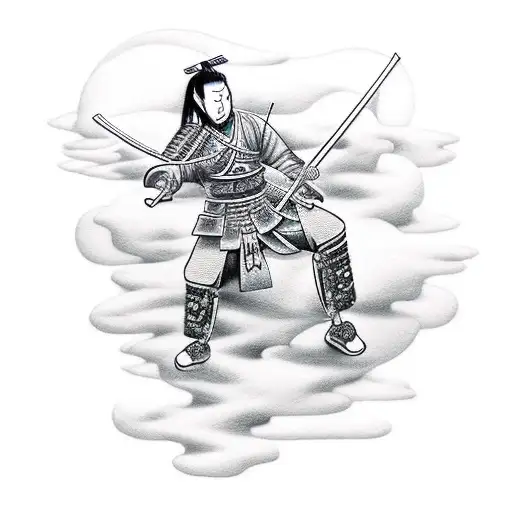 A Samurai Playing A Guitar On A Cloud