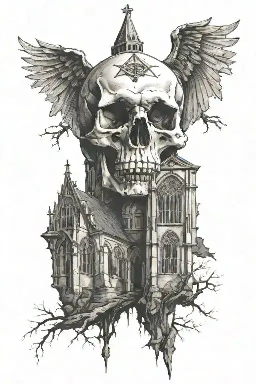 Skull With Gothic Church At Night