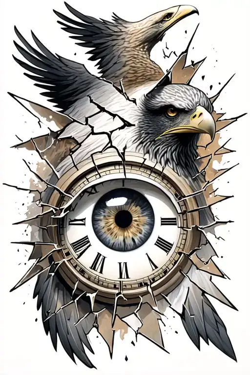 Human Eye With A Broken Clock Around It With An Eagle Underneath