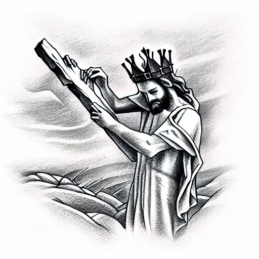 Jesus Carrying A Wooden Cross Up A Hill With A Crown Of Thorns On His Head