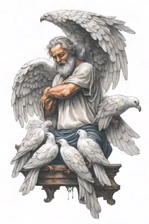 Sad Angel With Drooping Wings Being Lifted Up To Heaven By Two Doves Holding Him By The Shoulders
