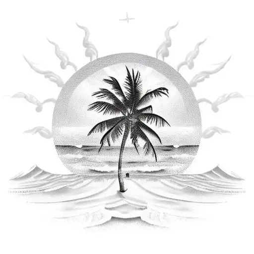 Beach With Palms Rising Sun And Clouds Back Drop