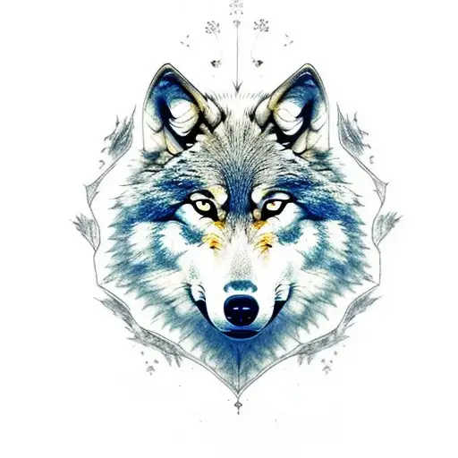 Wolf Face With Another Wolf's Silueta Inside It And Surrounded By Trees And Nature