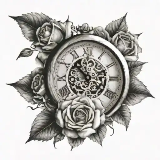 Clock In The Middle With Some Roses At The Bottom
