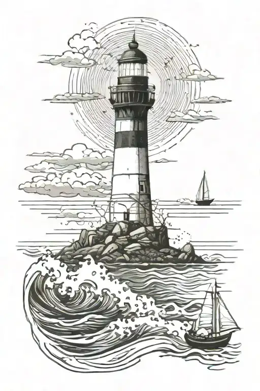 Boat Against Current And Lighthouse In Background