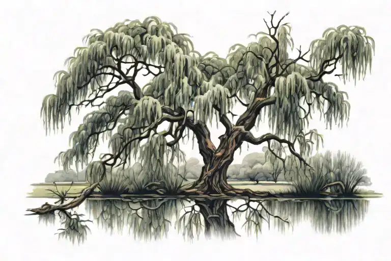 Reflectin Off Of Water Of A Fully Grown Willow Tree