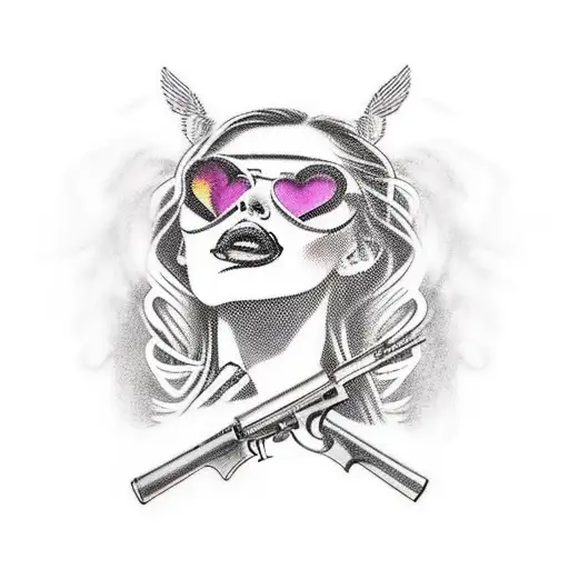 Craft A Tattoo Featuring A Hot Woman Holding A Gun With Love And Death Intertwined In The Background