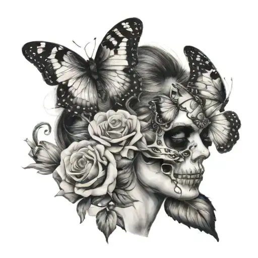 Womanface With A Half Skull And Butter Fly