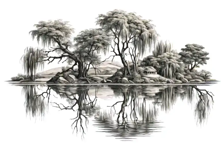 Reflectin Of The Water Of Island Tree And Willow Tree