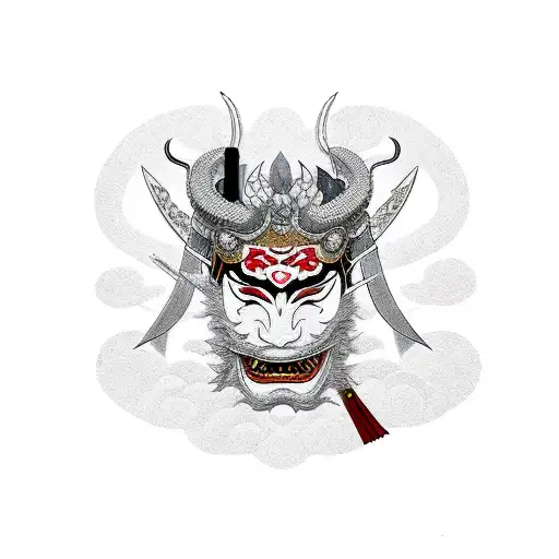 Geisha Hannya Mask With Swords And Dragon