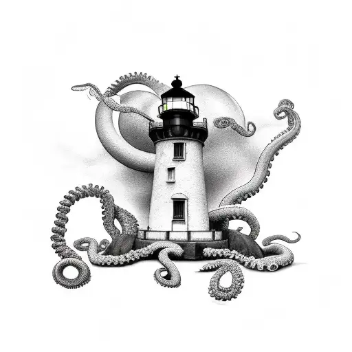 Grayscale Realistic Lighthouse With Octopus