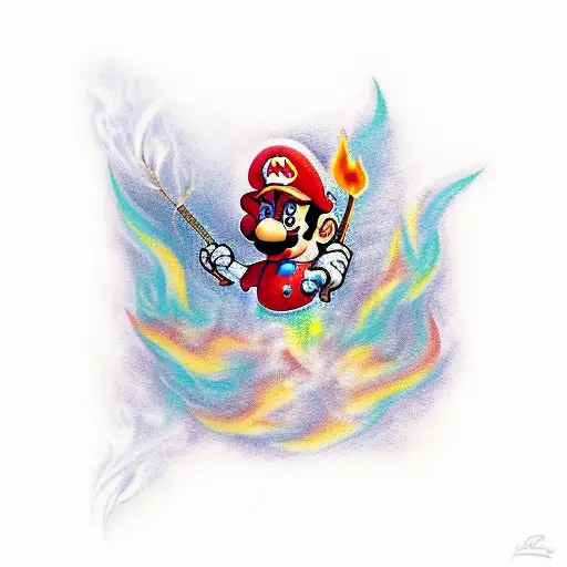 A Realistic Tattoo Of Mario Holding A Fire Flower In Front Of A Galaxy Background