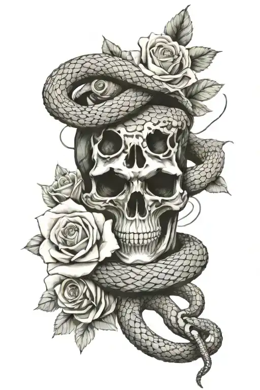 Snake Wrapped With Roses And Skulls Around It