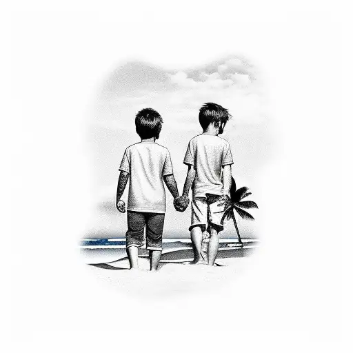 Two Brothers Holding Hands On A Beach With Palm Trees In The Background