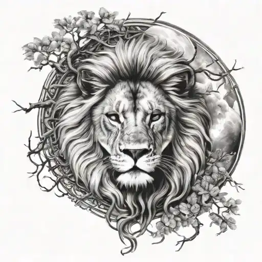 Lion With Moon Look And Tree Of Life Around