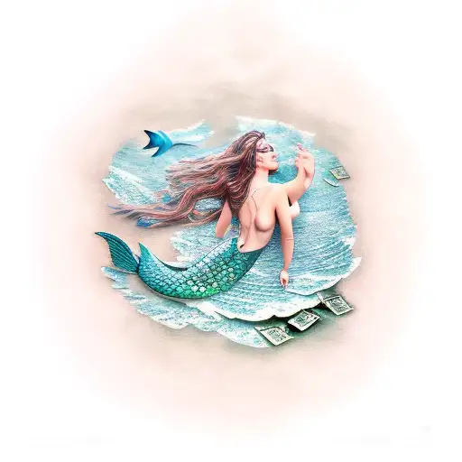 A Mermaid Swimming In A Sea Of Dollar Bills