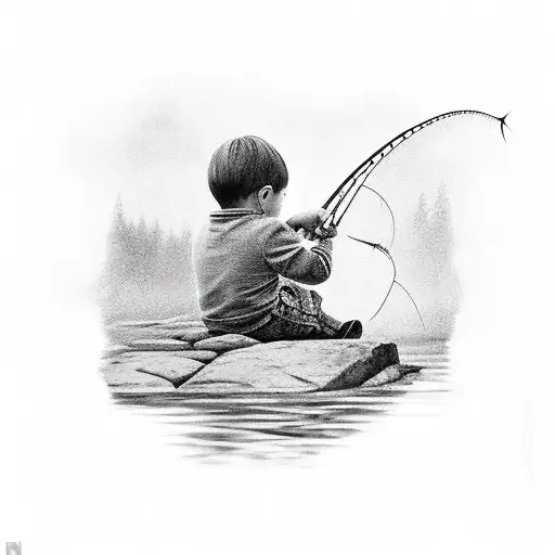 Little Kid Catching Fish In A Dam Sitting On Rocks