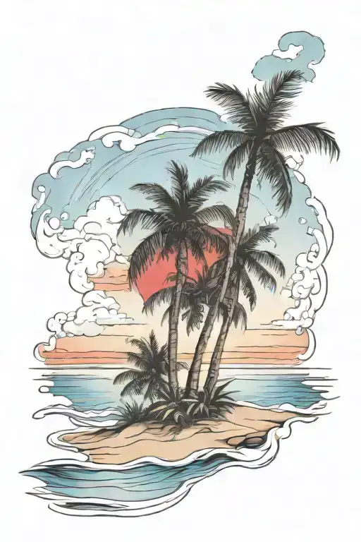 Beach Shore With Palm Trees With Red Blue Sky