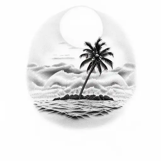 Water Turtele With Beach And Palm Trees And Sunset