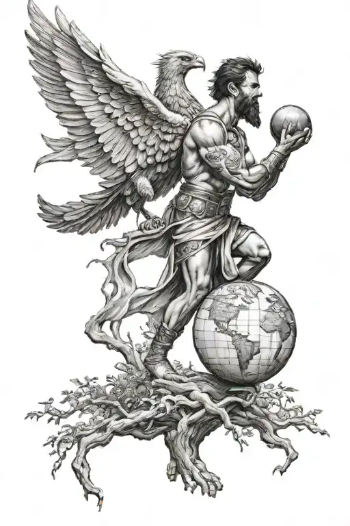 Gladiator Holding A Globe Looking At A Phoenix Flying Away From A Tree Of Life