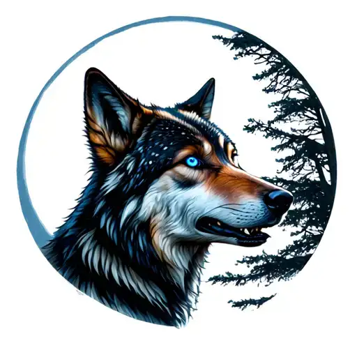 Wolf With Blue Eyes Howling At The Moon In Background