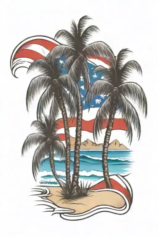 Beach Shore With Palm Trees And Puerto Rican Flag Intertwined