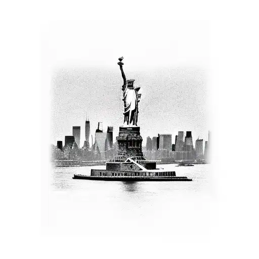 New York City Skyline With The Statue Of Liberty In The Forefront