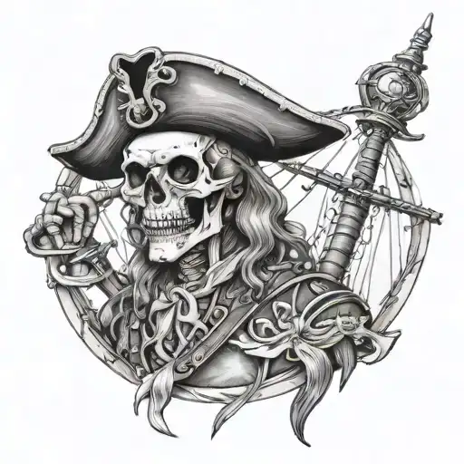 Pirate Skeleton Holding Helm Ship Sailing Boat