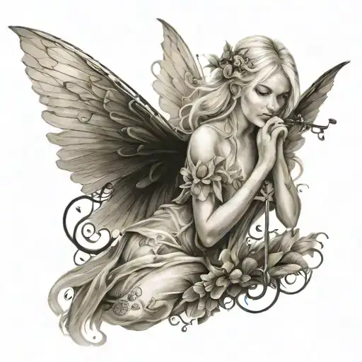 Beautiful Blonde Fairy With Music Notes For Wings Made