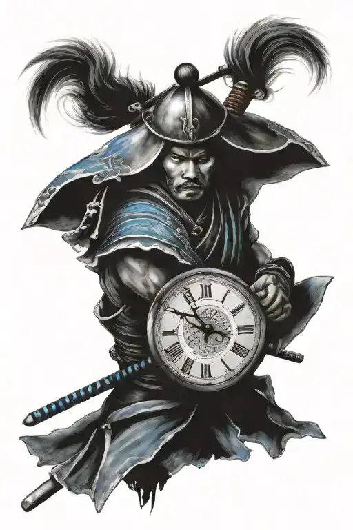 Samurai Warrior With Blue Lightening And 2 Clocks Showing Roman Numerals
